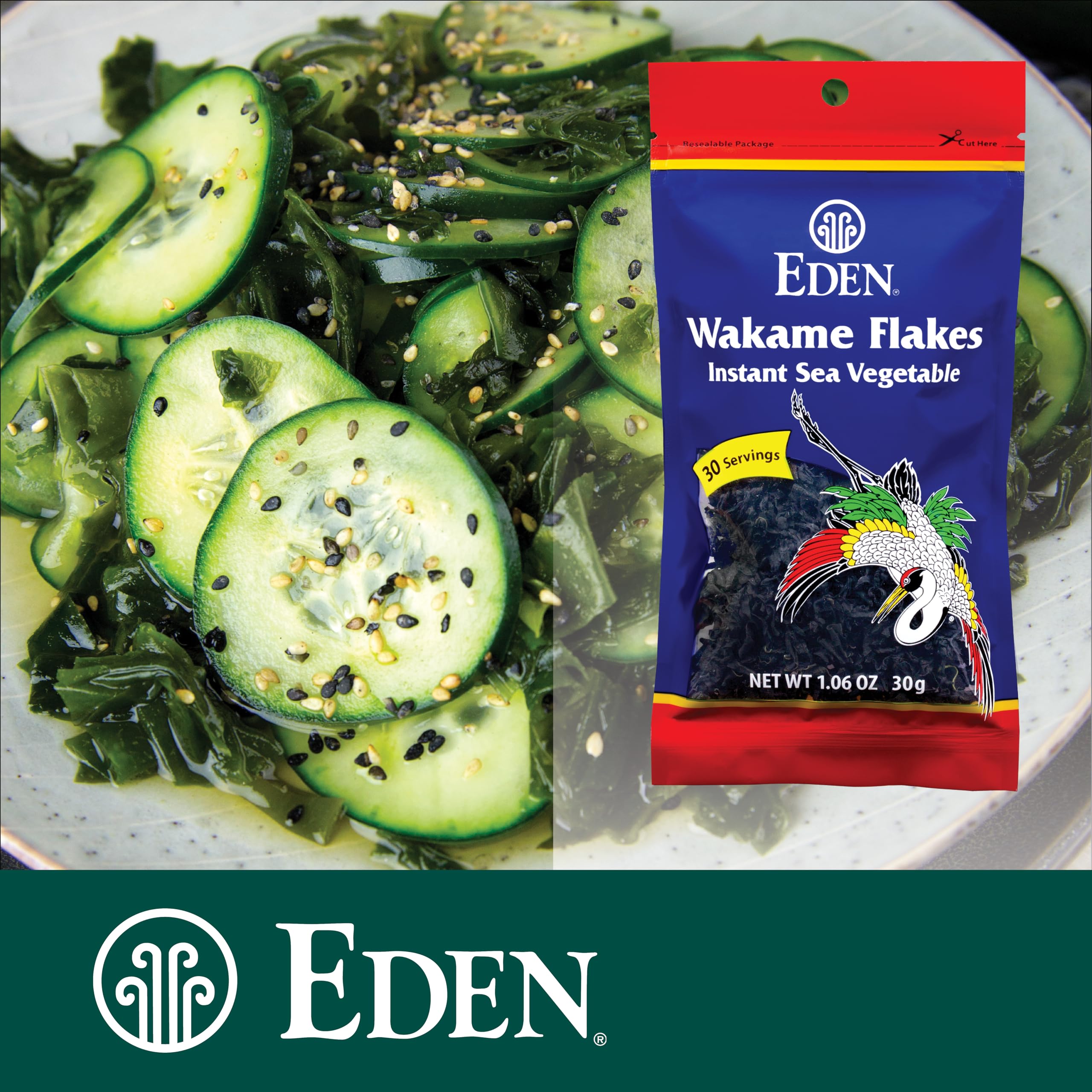 Bowl of Eden wakame flakes soaking in water, rehydrating quickly for instant use