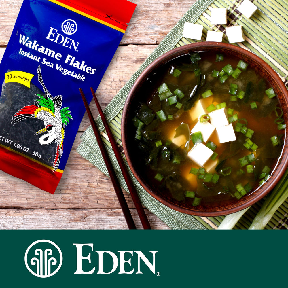 Label and ingredient panel of Eden wakame package, showing natural processing details