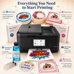 EdibleThingz lifestyle image of applying a printed topper to cake demonstrating professional results