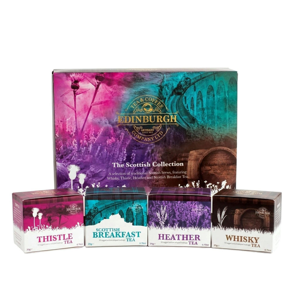 Edinburgh Tea & Coffee front packaging showing four-flavor variety, clear label and branding