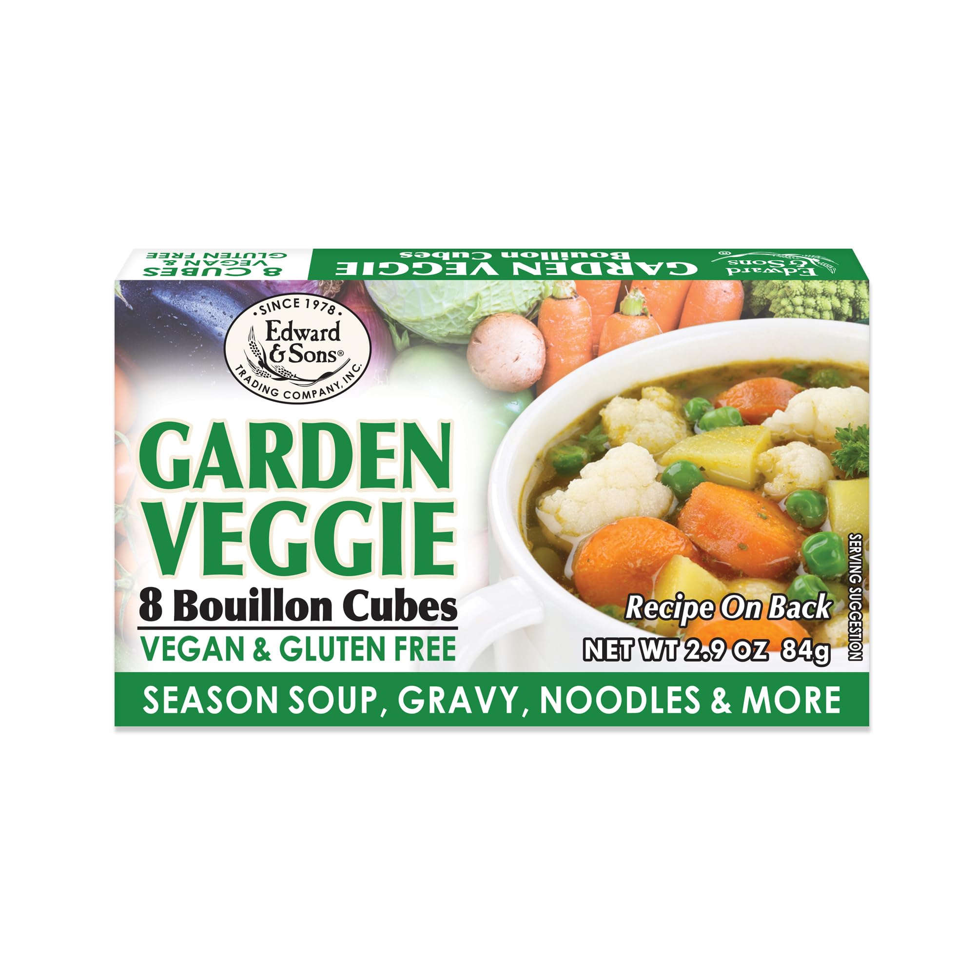 Edward & Sons front packaging showing garden veggie cubes and gluten free benefit