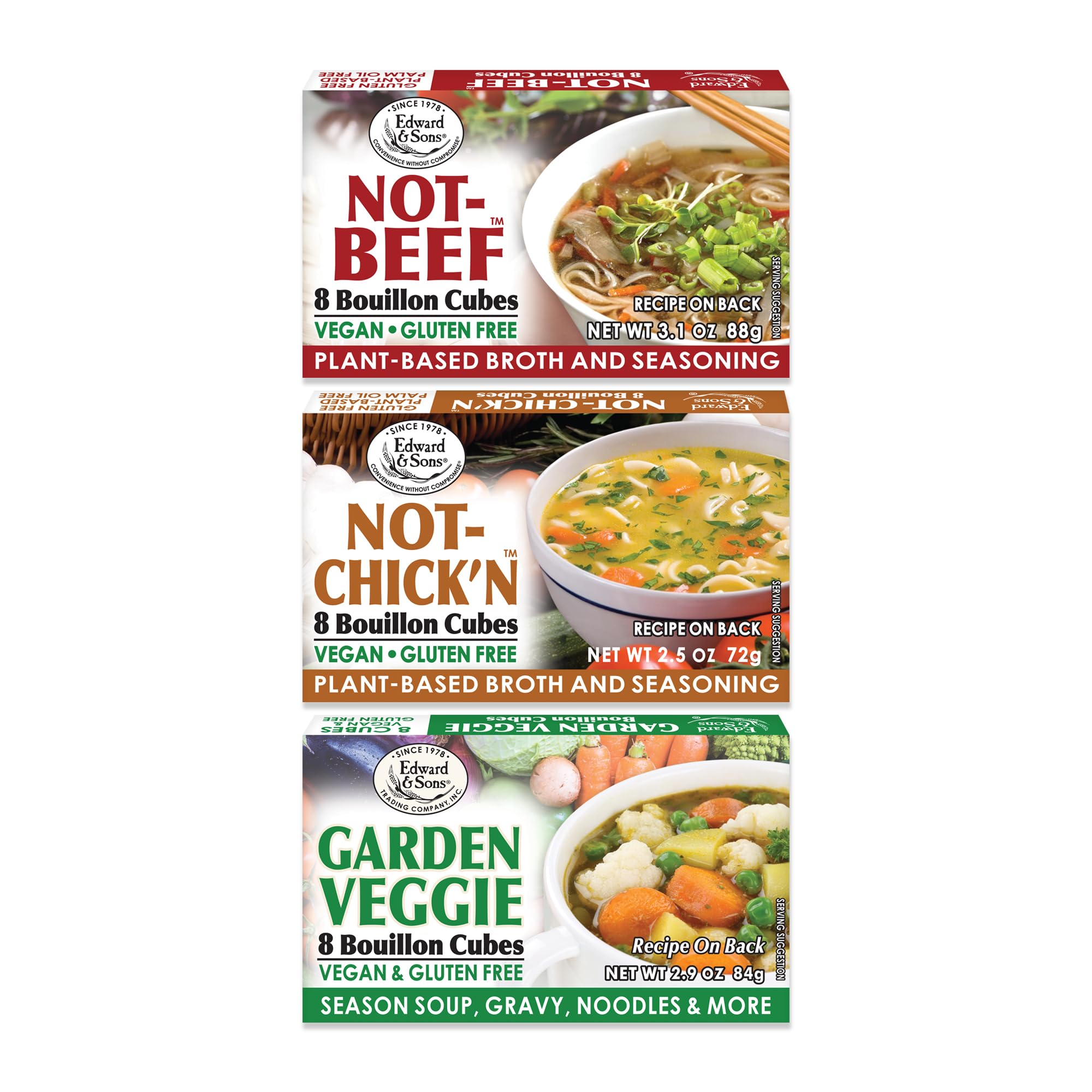 Edward & Sons front packaging showing three-flavor bouillon variety and benefits