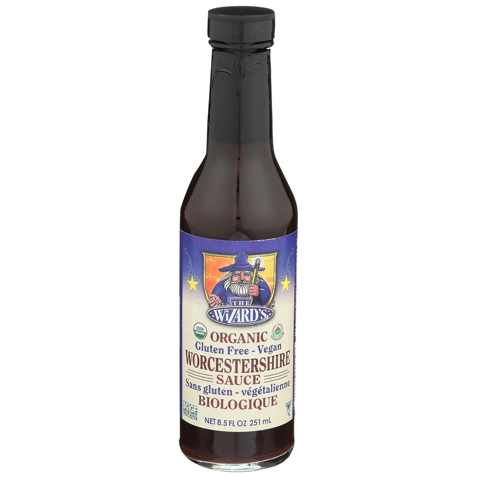 Edward & Sons bottle front label showing organic vegan Worcestershire benefit: clear branding