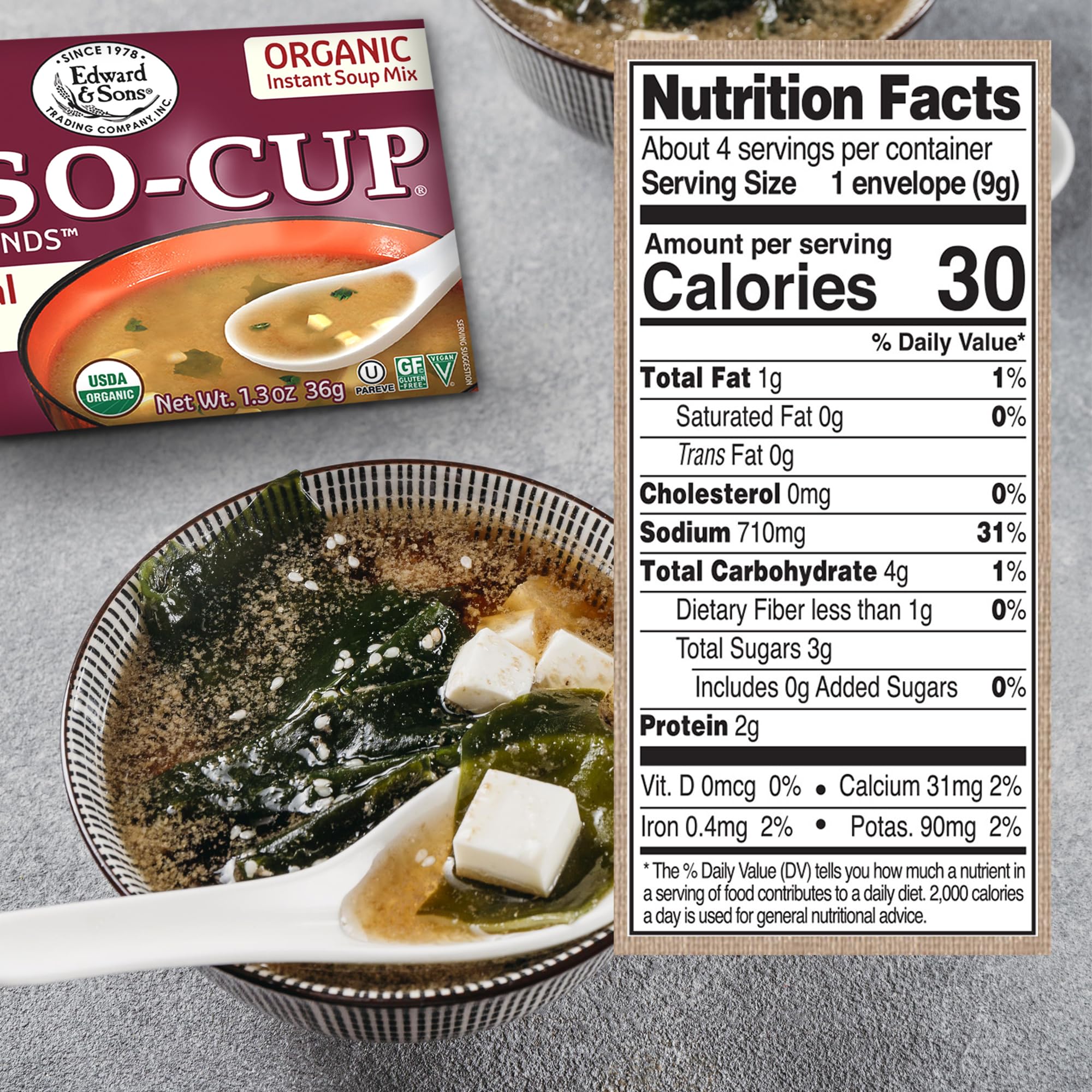 Edward & Sons close-up of tofu and miso granules highlighting natural ingredients