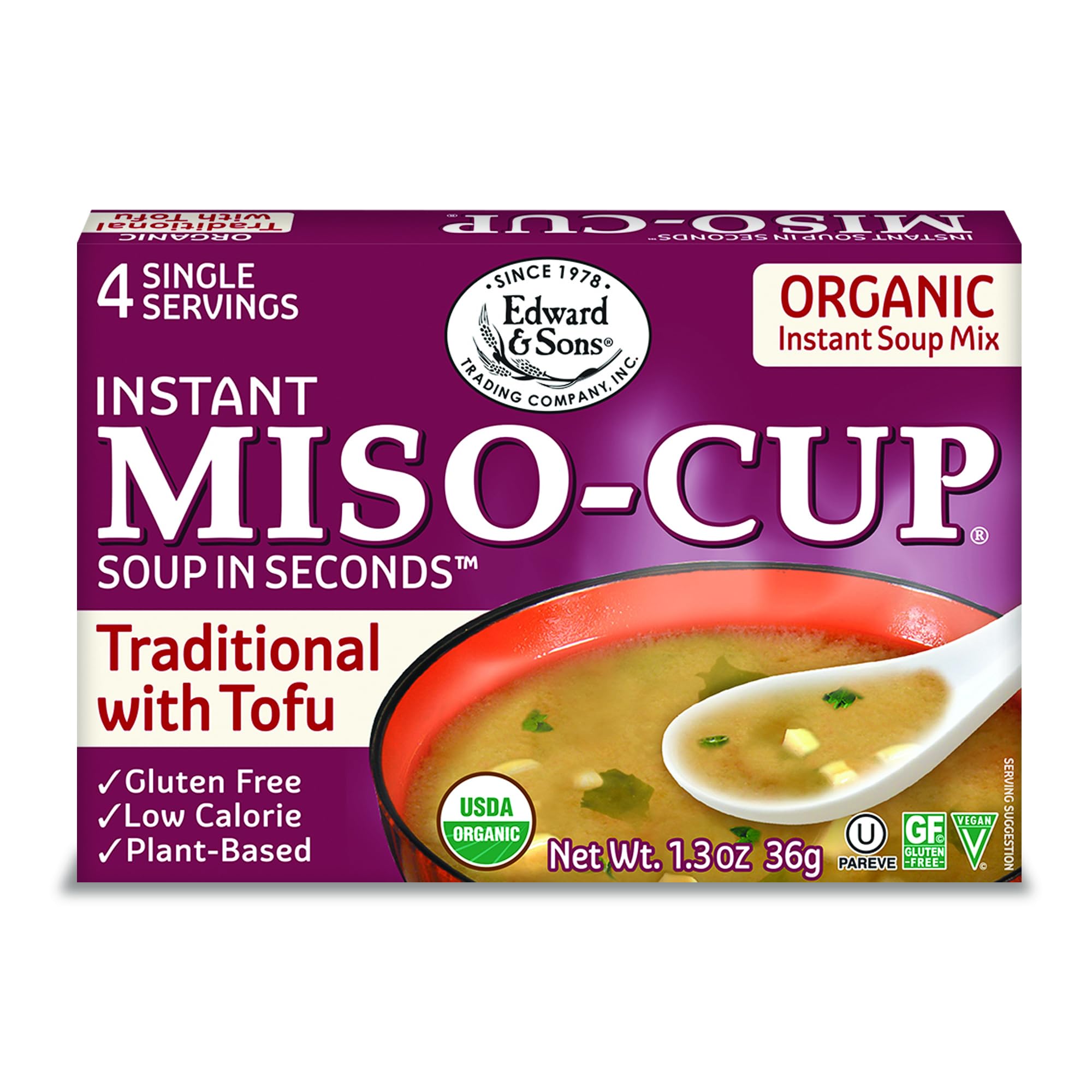 Edward & Sons front packaging showing organic instant miso cup benefits