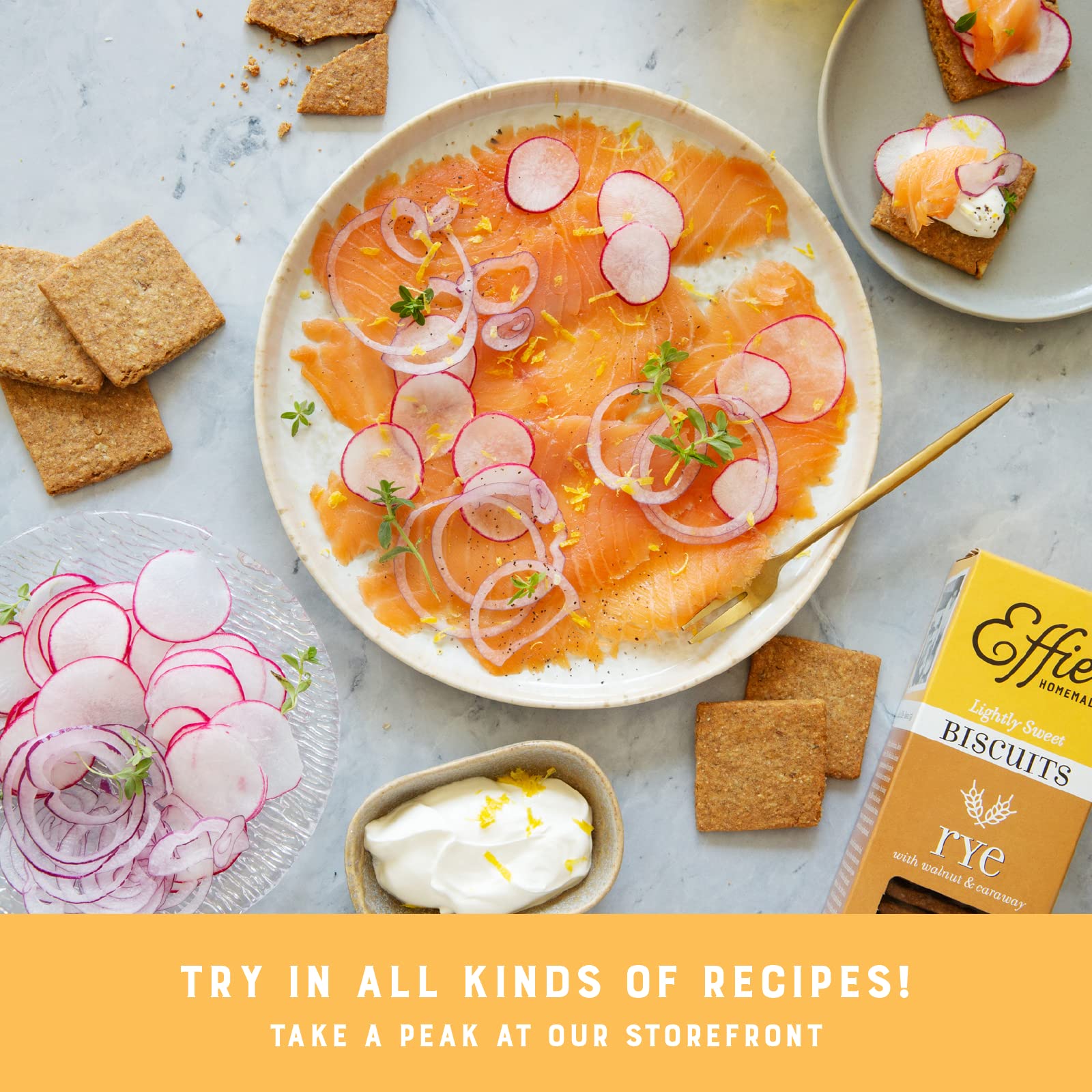 Effie's Homemade biscuits arranged with cheese and jam for entertaining convenience