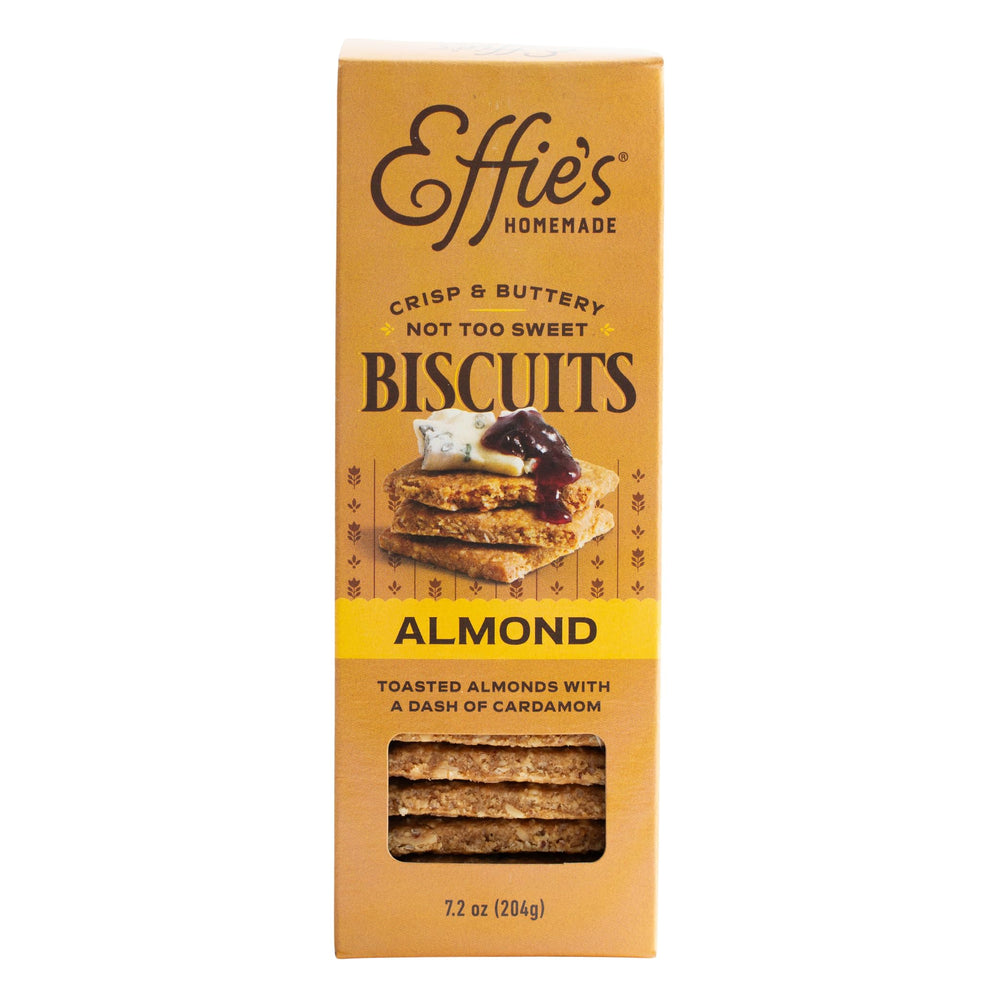 Effie's Homemade front packaging showing almond biscuits and benefits of artisanal recipe
