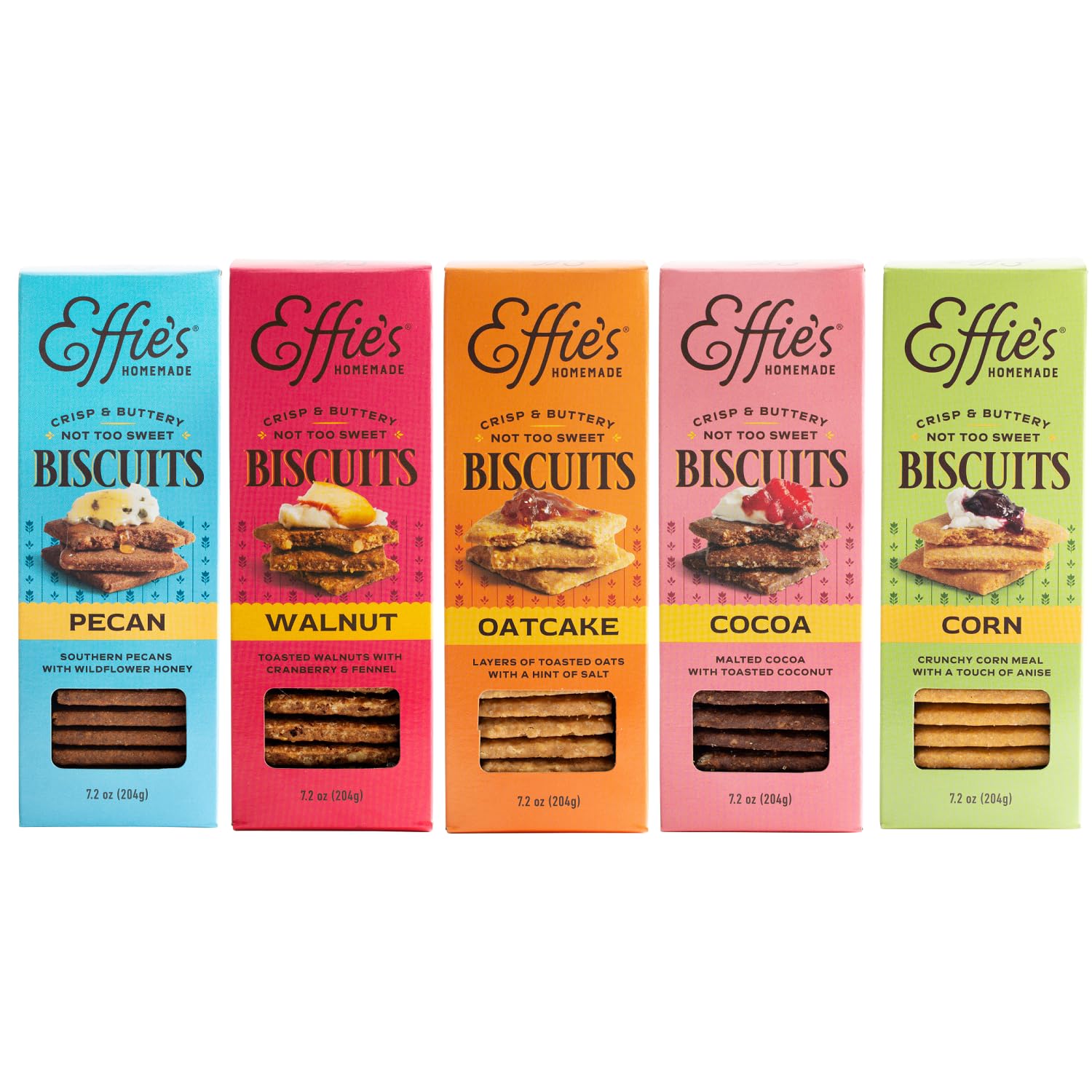 Effie's Homemade front packaging showing five-biscuit sampler for easy selection