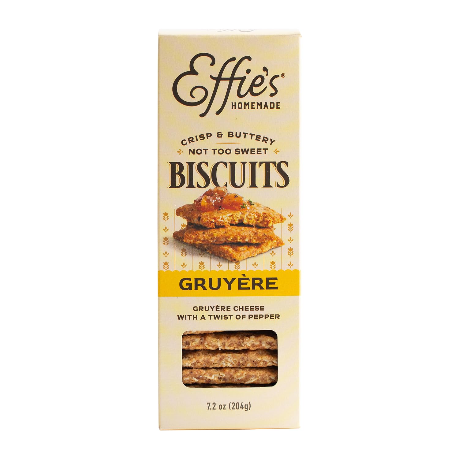 Effie's Homemade front package showing Gruyere biscuits and brand for clear identification