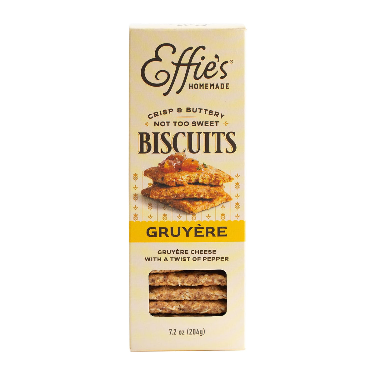 Effie's Homemade front package showing Gruyere biscuits and brand for clear identification