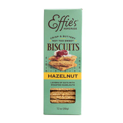Effie's Homemade front packaging showing hazelnut biscuit benefits