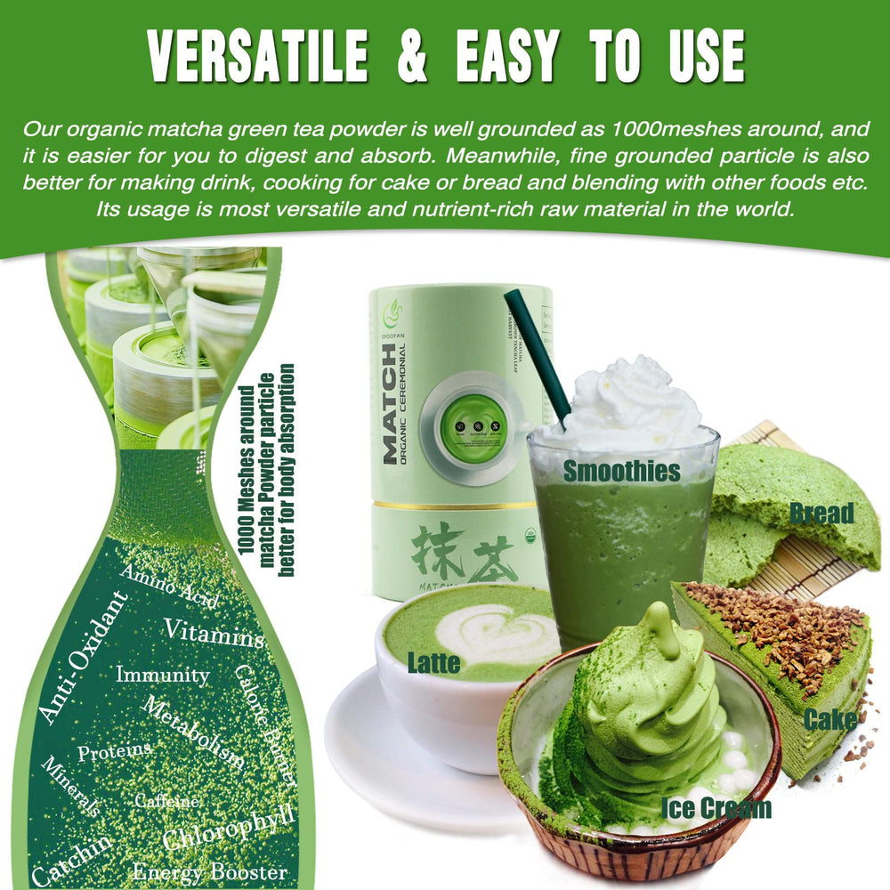 EFOOFAN matcha latte in glass, shows creamy texture and cafe readiness