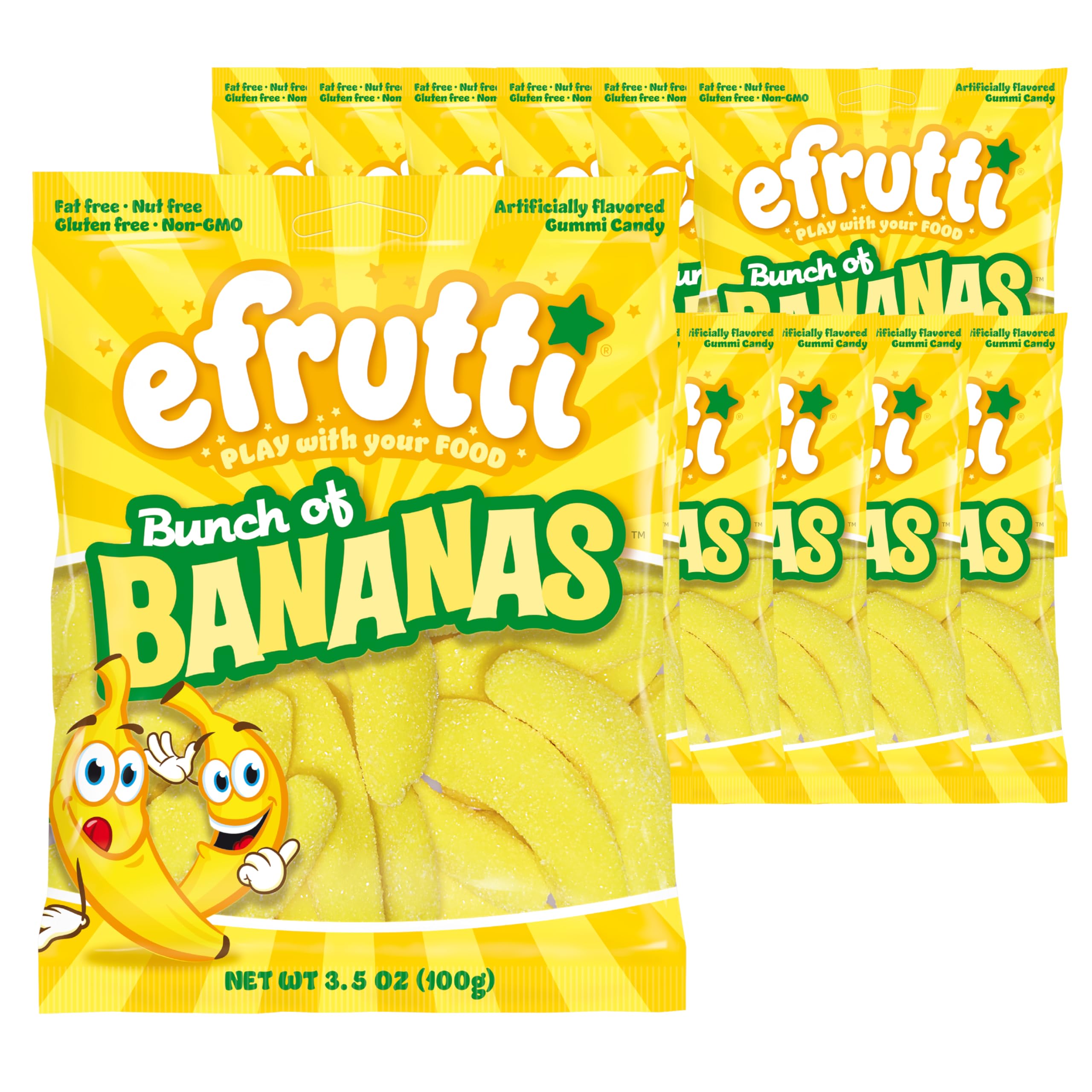 efrutti front packaging showing 12-pack and banana gummies for clear product view