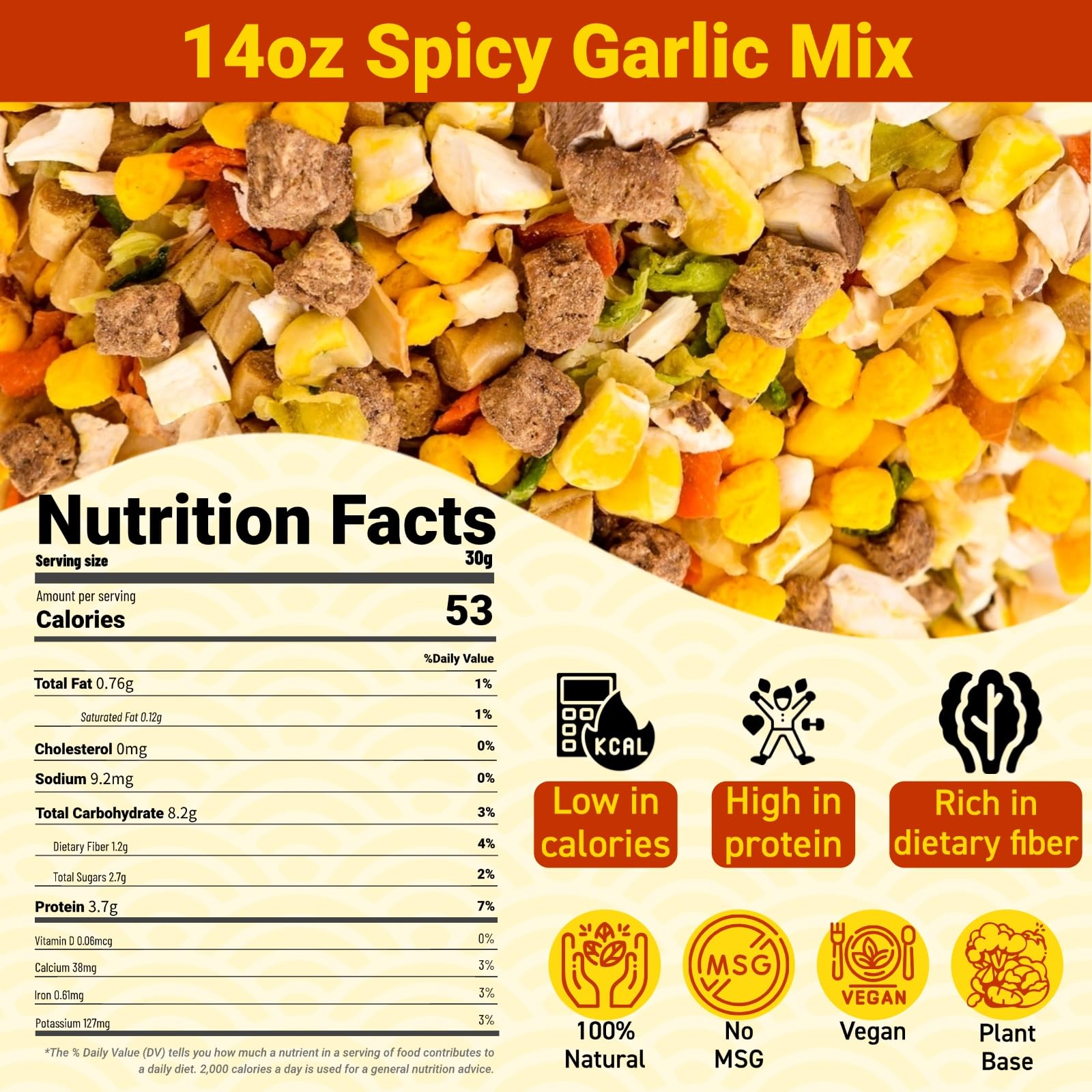 Egcina dried ingredient mix close-up displaying garlic, vegetables and texture benefits
