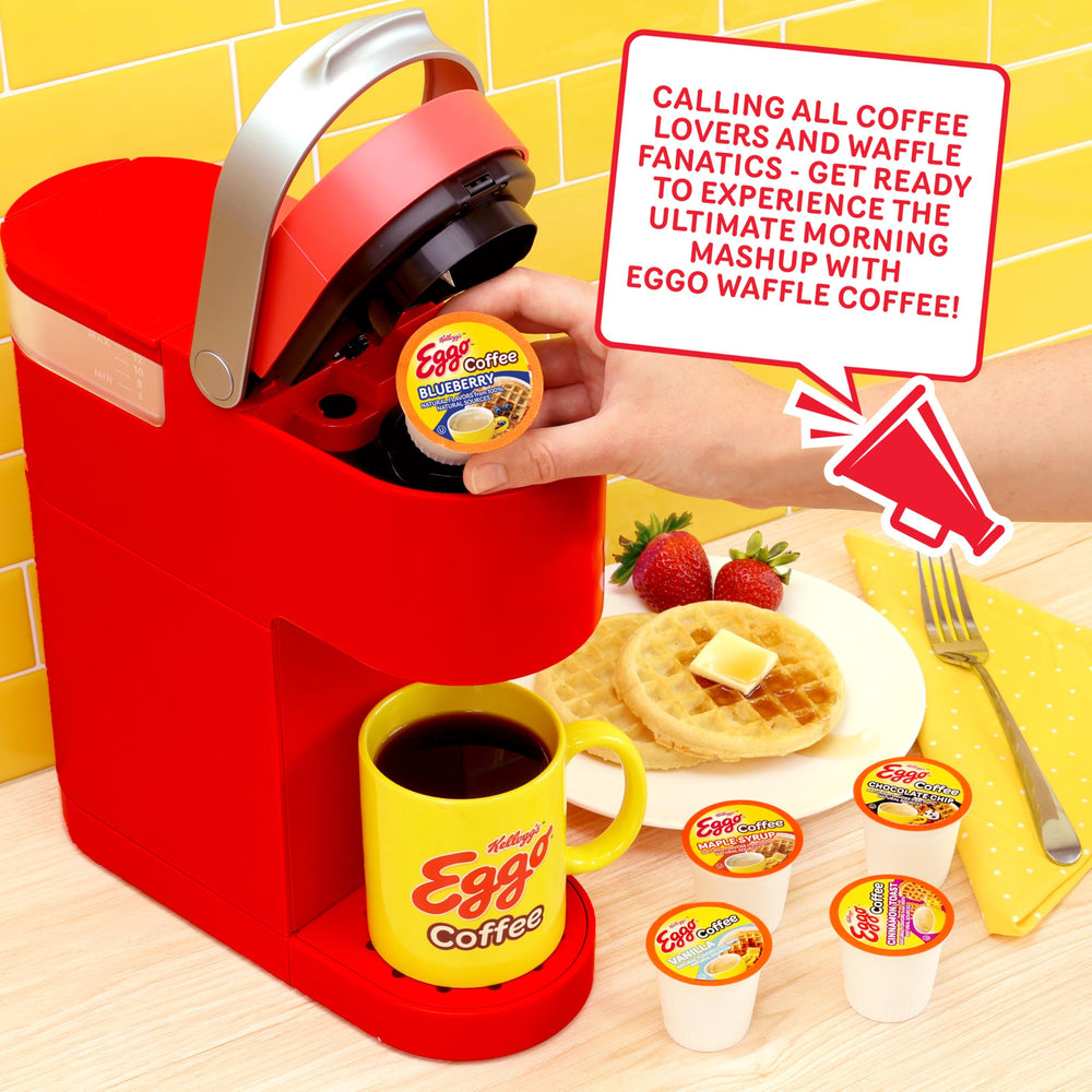 Eggo blueberry waffle brewed hot cup with steam, presents warming blueberry waffle aroma