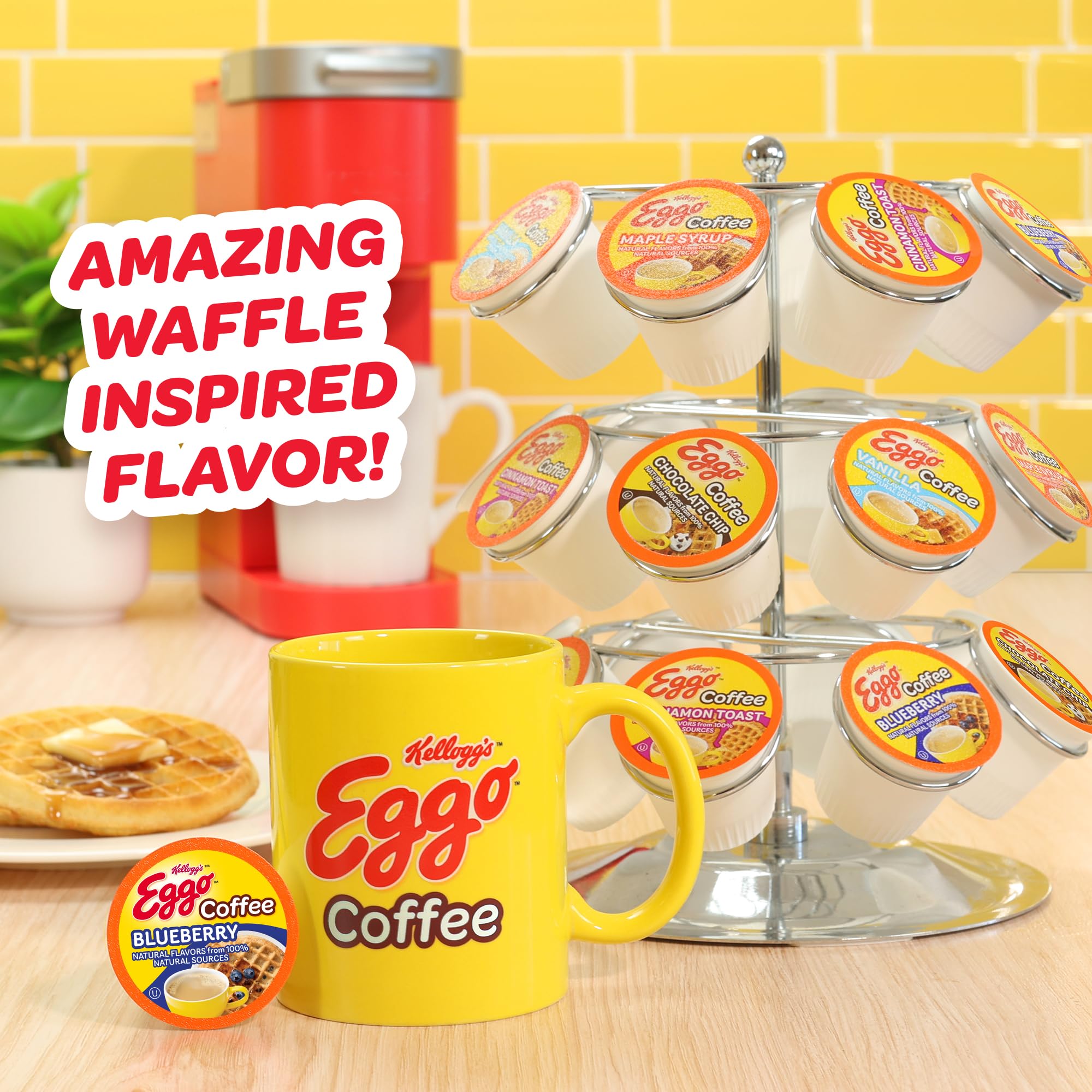 Eggo blueberry waffle pod next to ruler for scale, clarifies single-serve size and fit