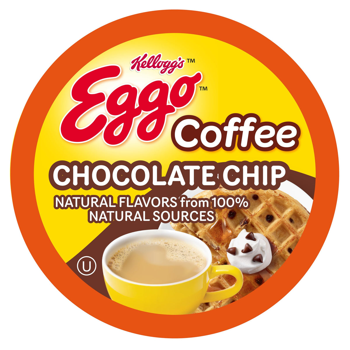 Eggo front packaging showing chocolate chip waffle coffee pods and count