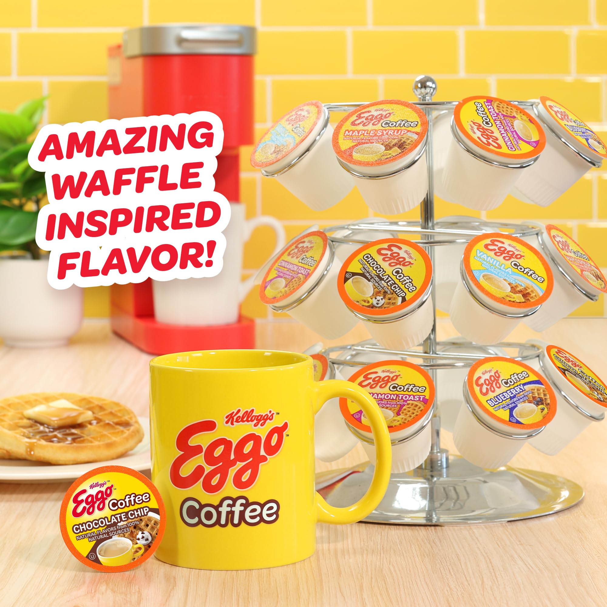 Eggo pod in hand size comparison indicating portable single-serve ease