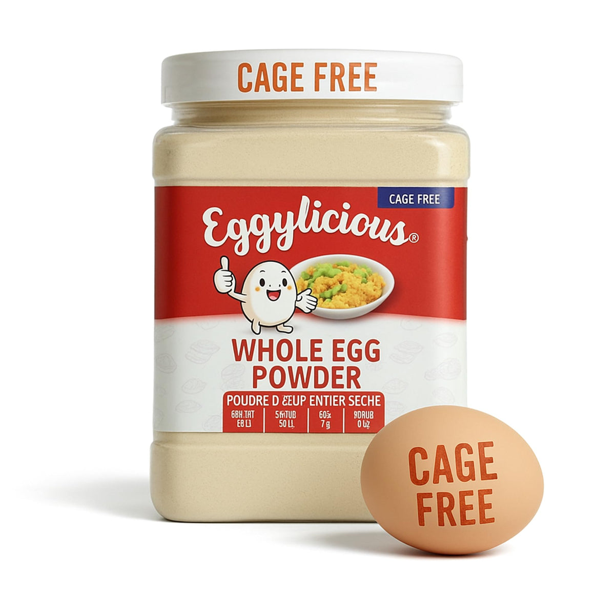 Eggylicious front packaging showing jar and brand, convenient shelf storage benefit