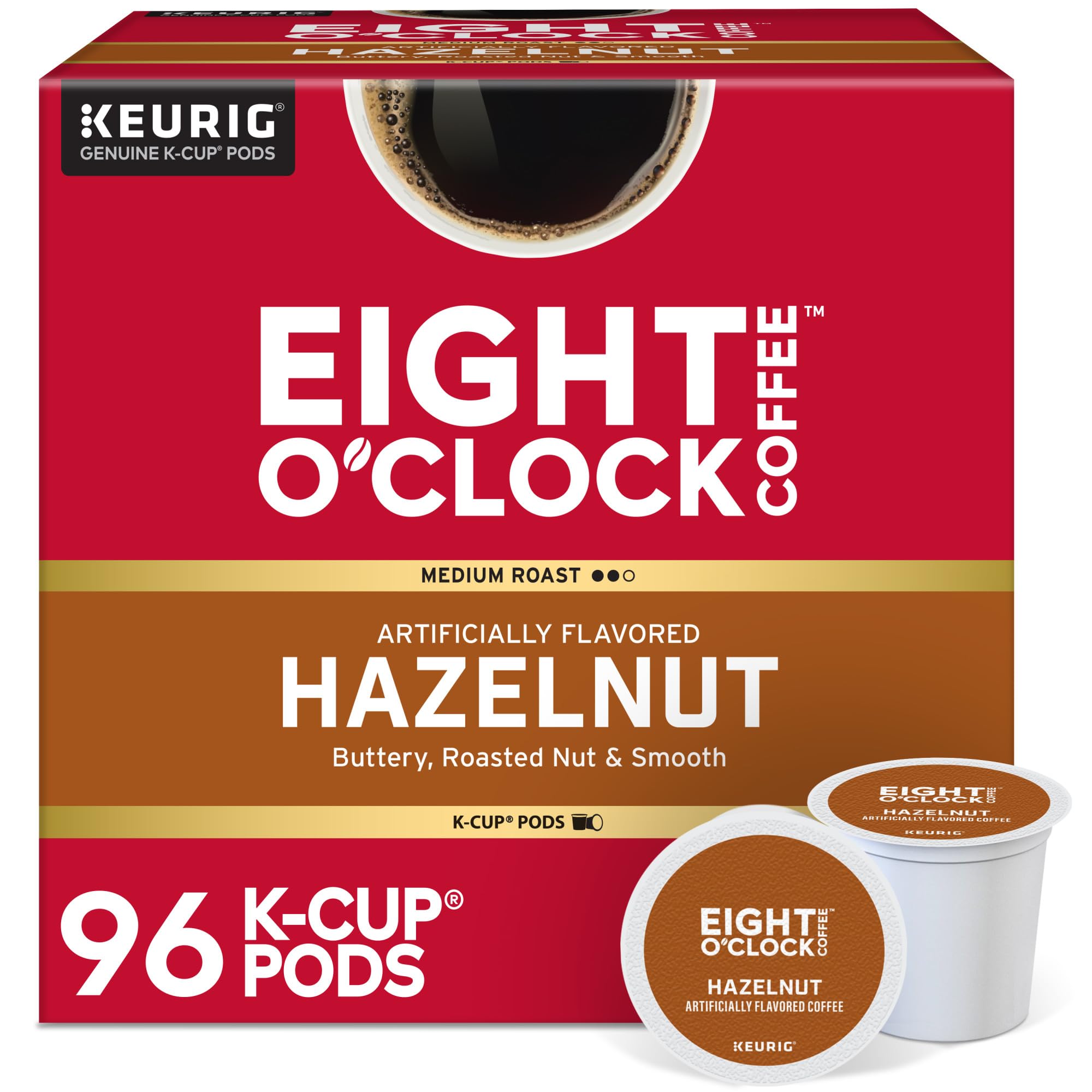 Eight O'Clock Coffee front box showing product and hazelnut branding for easy selection