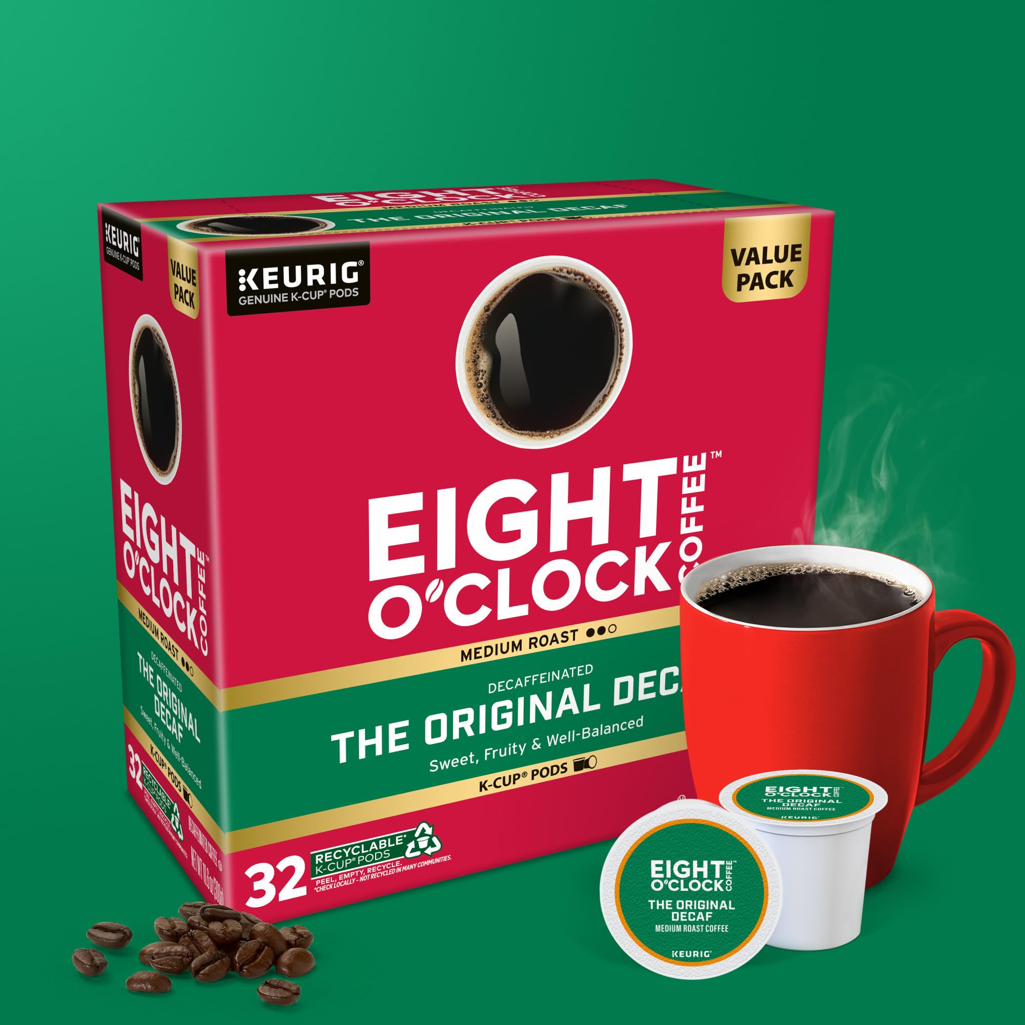 Eight O'Clock Coffee 32-count box beside common items showing scale and value benefit