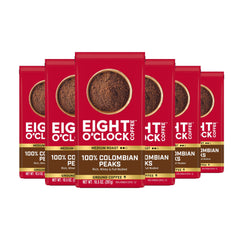 Eight O'Clock Coffee front packaging showing 100% Colombian Peaks and benefits
