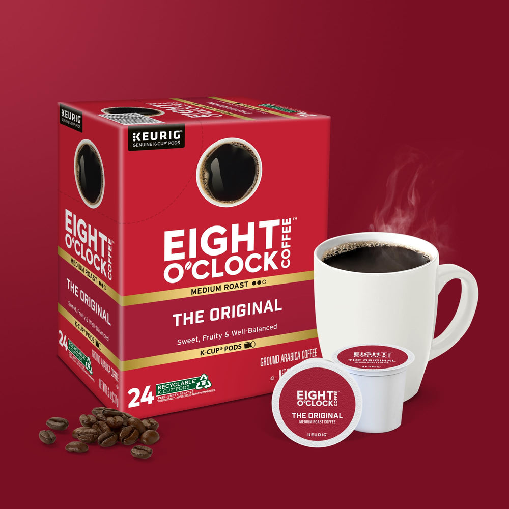 Eight O'Clock cup with milk pour illustrating compatibility with creamers