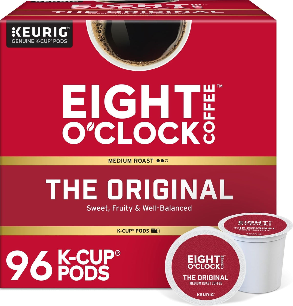 Eight O'Clock Coffee front packaging showing brand and medium roast benefits