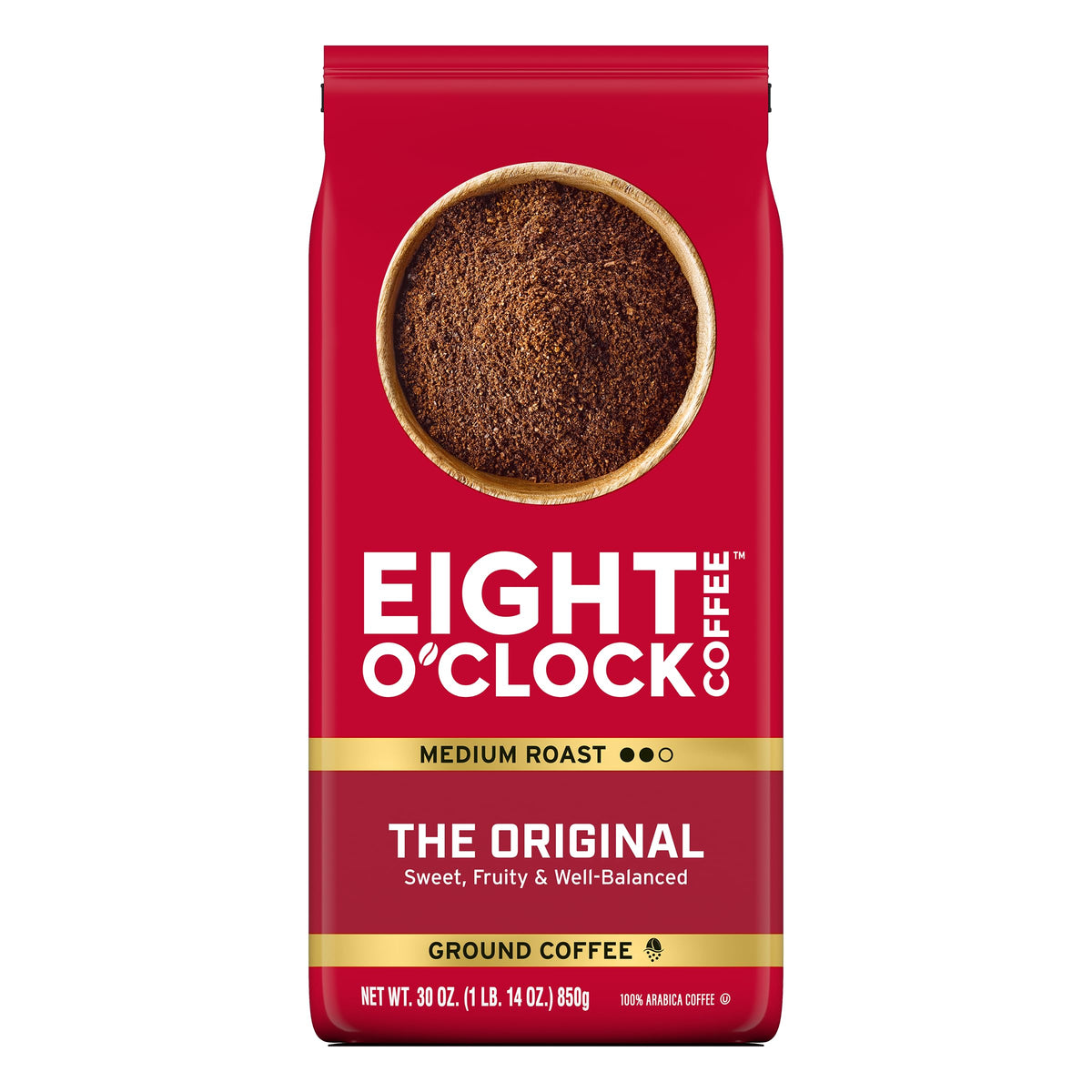 Eight O'Clock Coffee front packaging shows label and size for quick identification