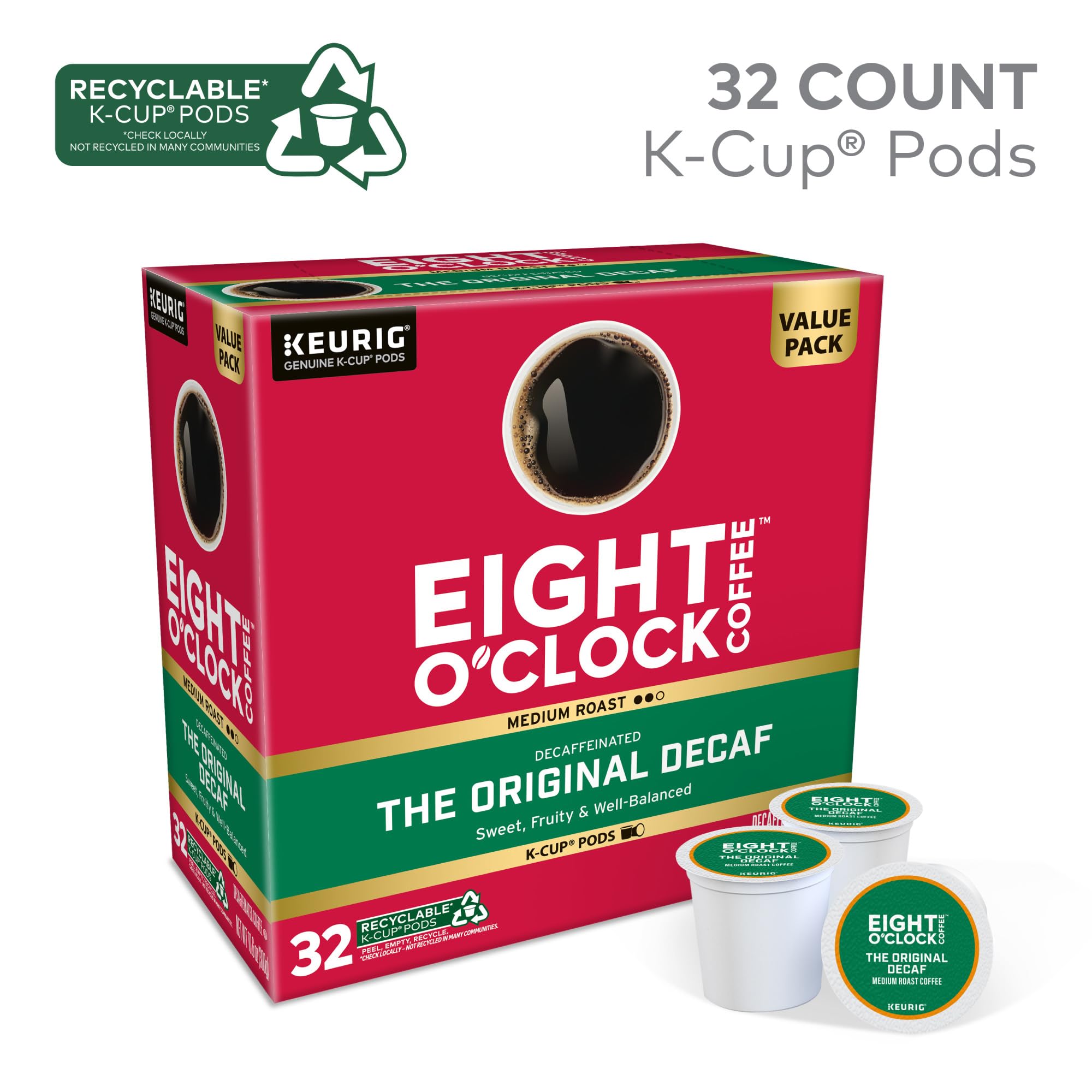 Eight O'Clock Coffee pod close-up showing foil top and easy brew benefit