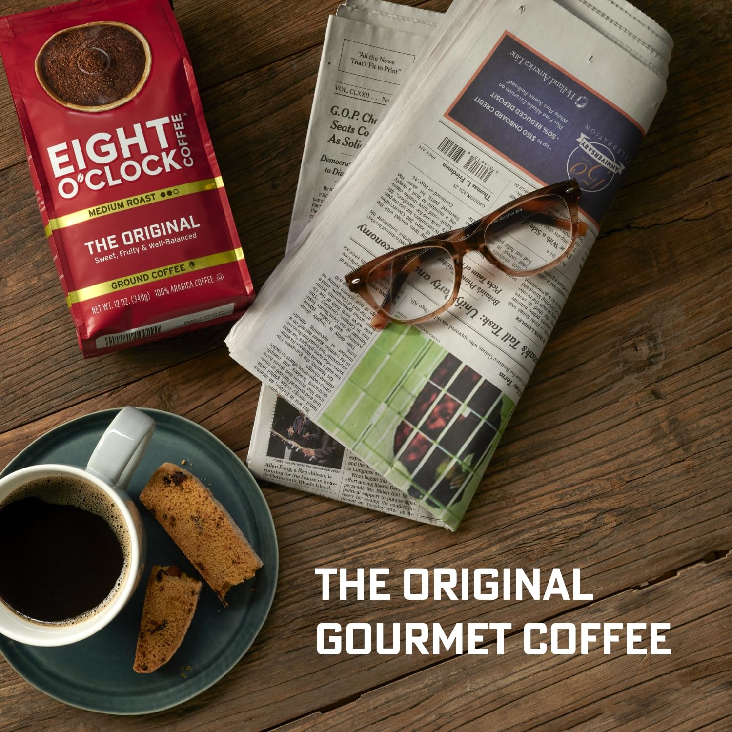 Eight O'Clock Coffee bag on kitchen counter with cup, showcasing everyday brewing convenience