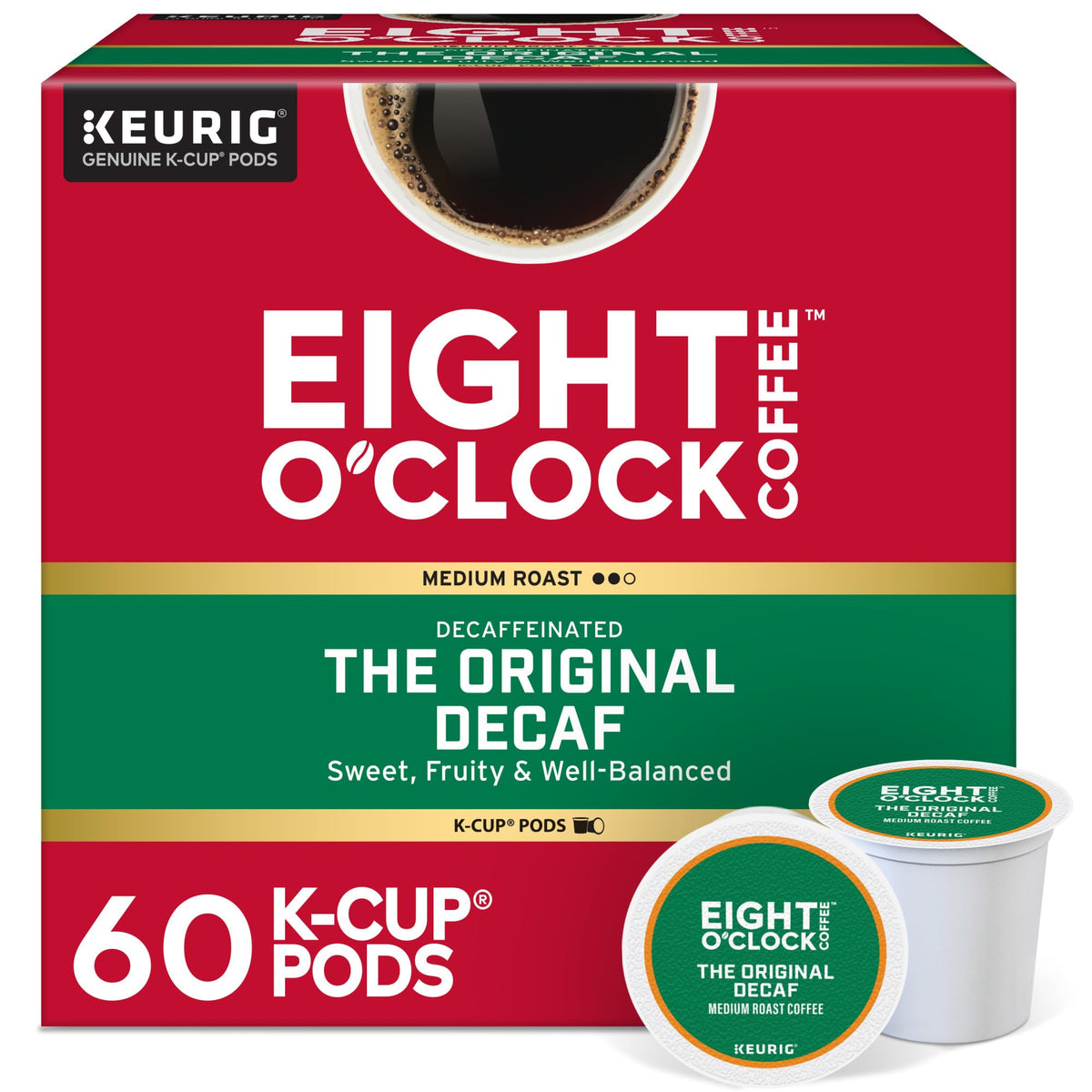 Eight O'Clock Coffee front packaging showing 60-count K-Cup pods and benefits