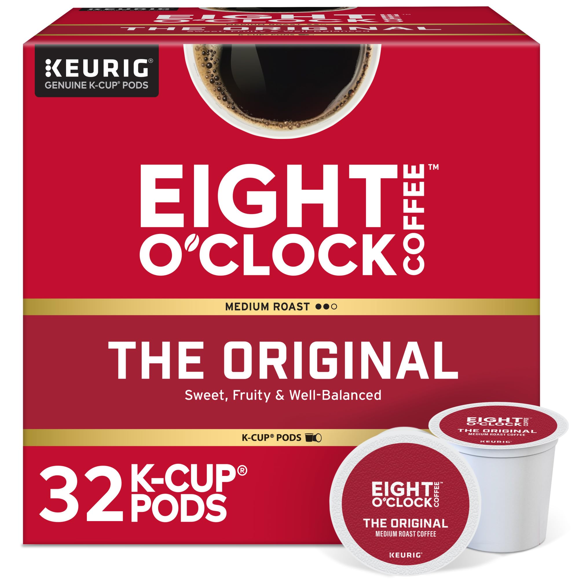 Eight O'Clock Coffee front packaging showing 32-count and medium roast benefits