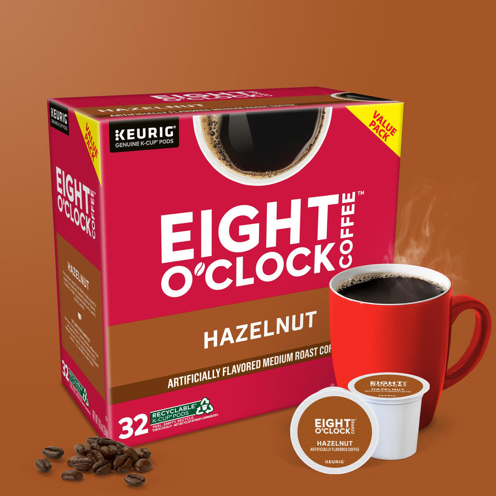 Eight O'Clock Coffee 32-count box on countertop showing value and storage size