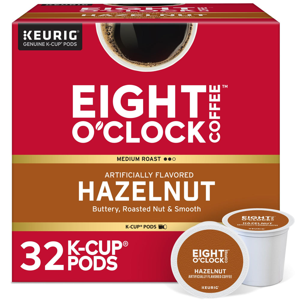 Eight O'Clock Coffee front packaging showing 32-count hazelnut pods and brand