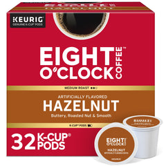 Eight O'Clock Coffee front packaging showing 32-count hazelnut pods and brand