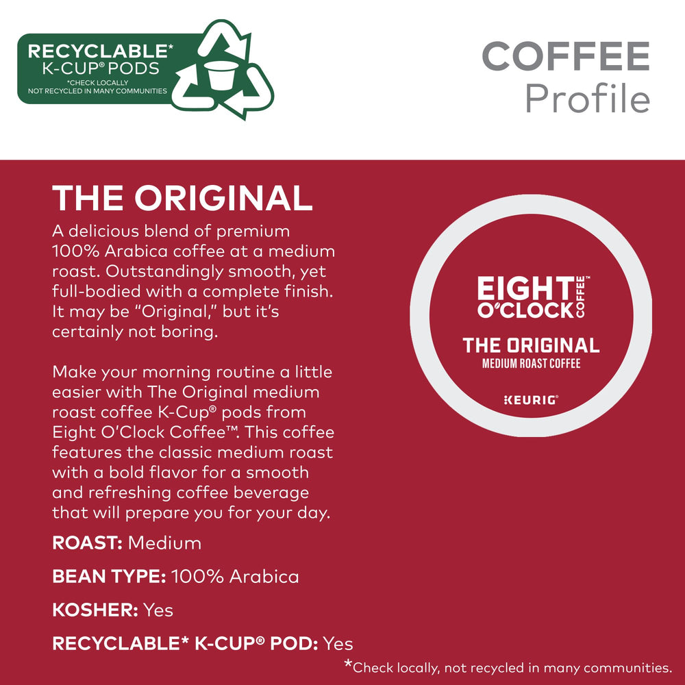 Eight O'Clock Coffee opened K-Cup revealing medium roast grounds for fresh flavor