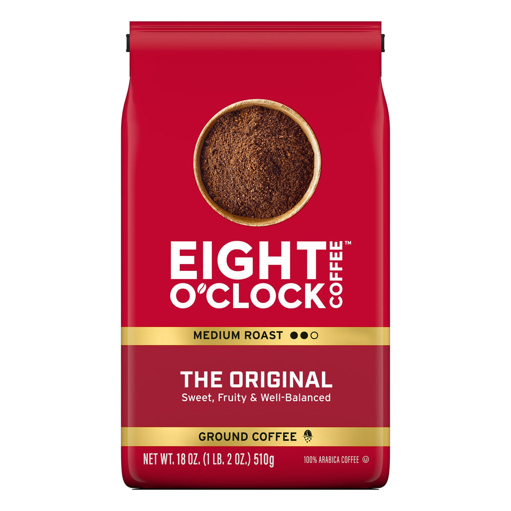 Eight O'Clock Coffee front packaging showing brand and medium roast, clear everyday appeal