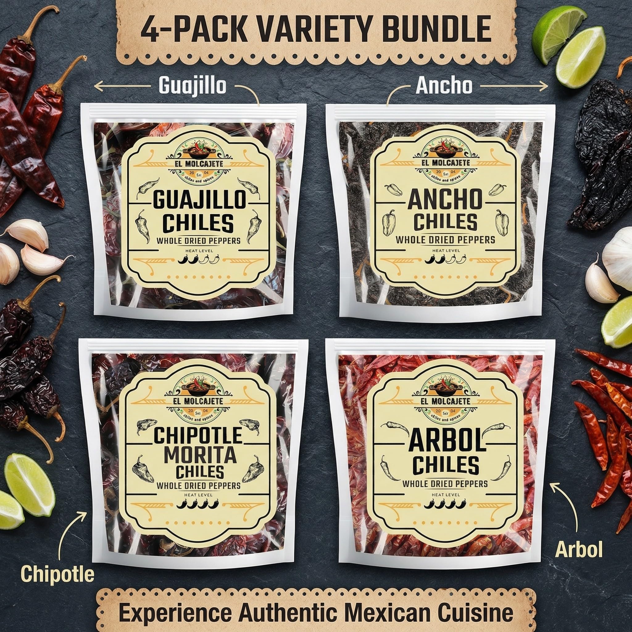 El Molcajete four chiles displayed together illustrating balanced flavor variety