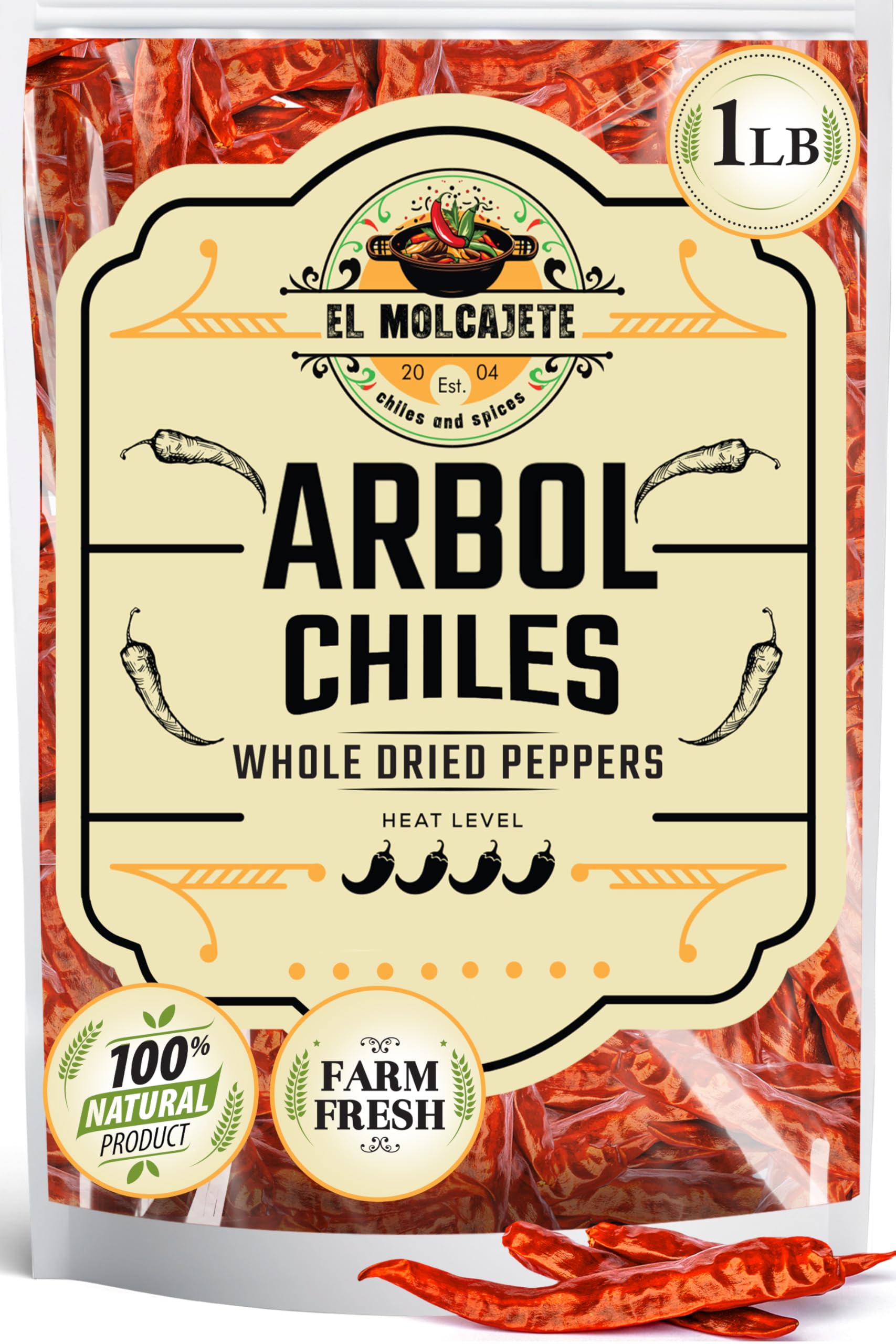 El Molcajete front packaging showing whole chile de arbol, helps preserve flavor