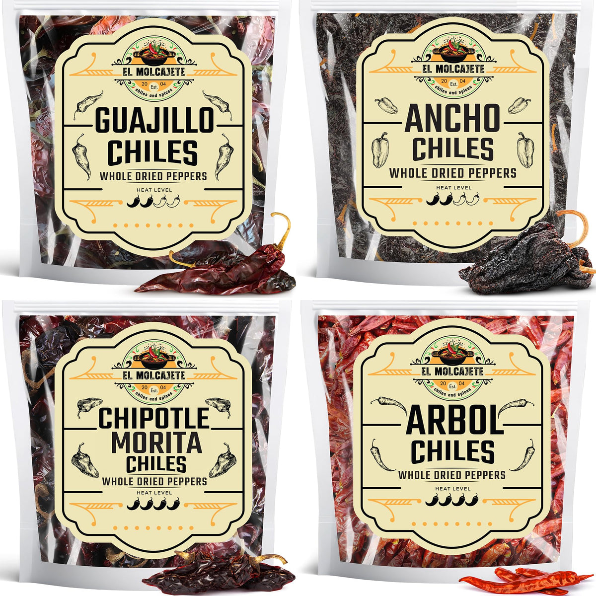 El Molcajete front packaging showing four separate resealable chile pouches for freshness