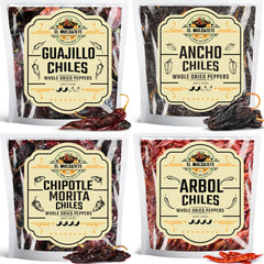 El Molcajete front packaging showing four separate resealable chile pouches for freshness