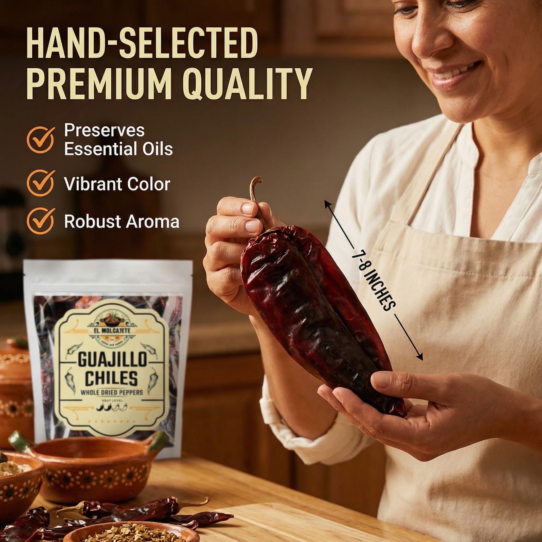 El Molcajete resealable pouch open to reveal whole chiles and sealed freshness