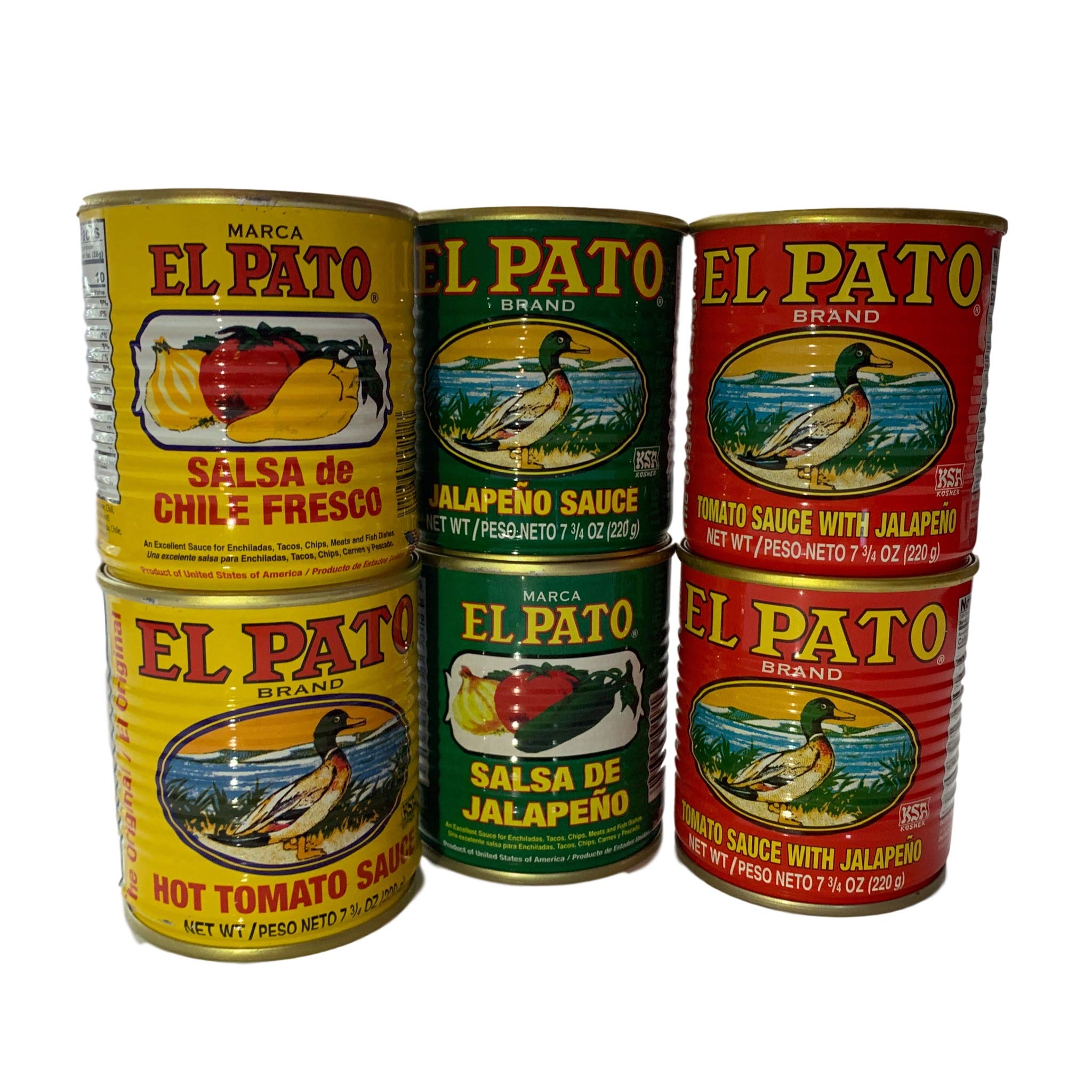 El Pato front pack display showing six bottles and easy condiment use