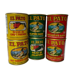 El Pato front pack display showing six bottles and easy condiment use