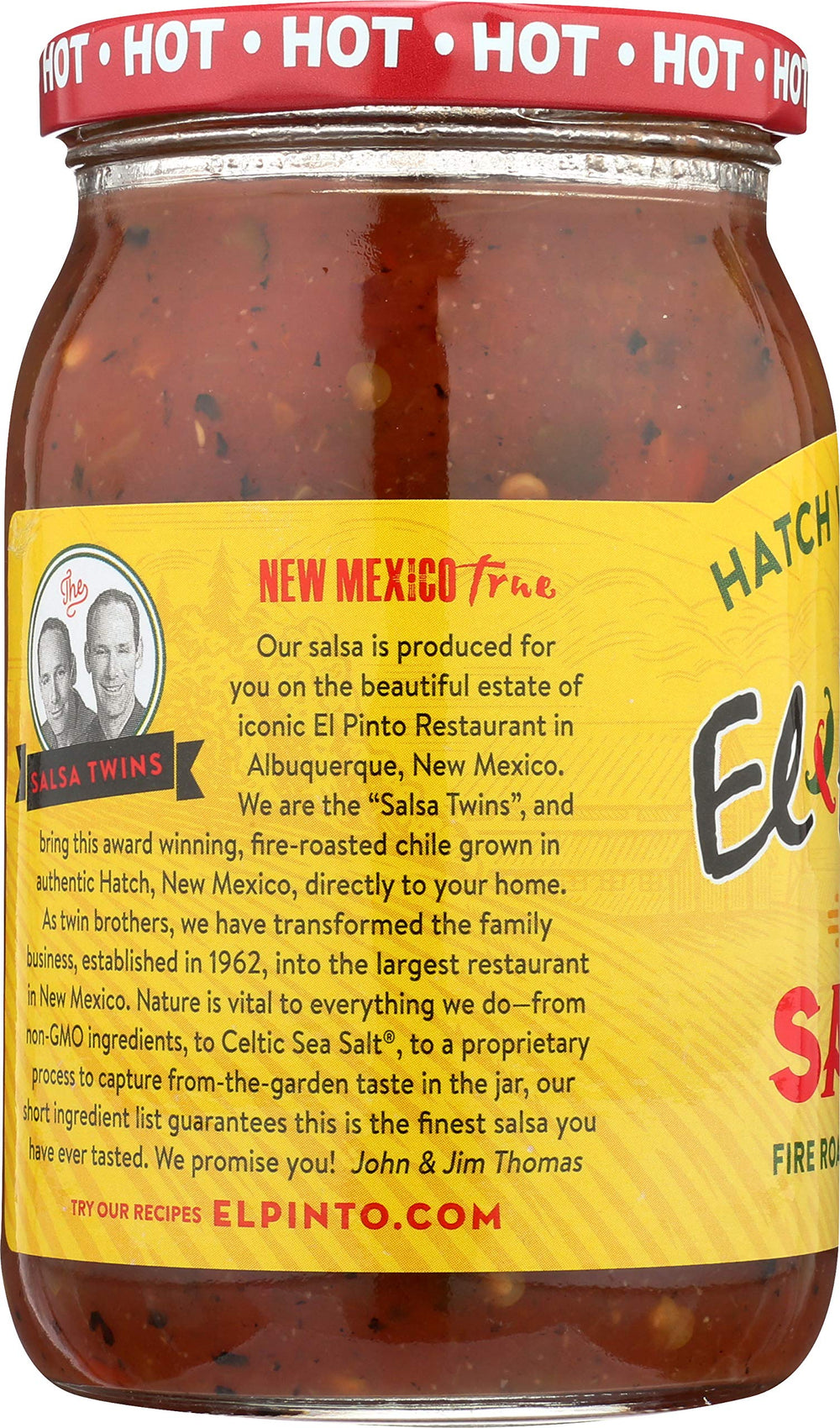 El Pinto jar top view with vibrant green salsa visible, highlighting freshness