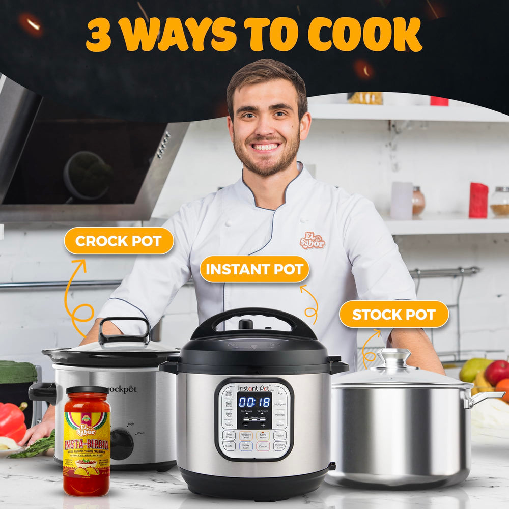 EL SABOR PRODUCTS crockpot with instabirria inside showing easy slow-cook method