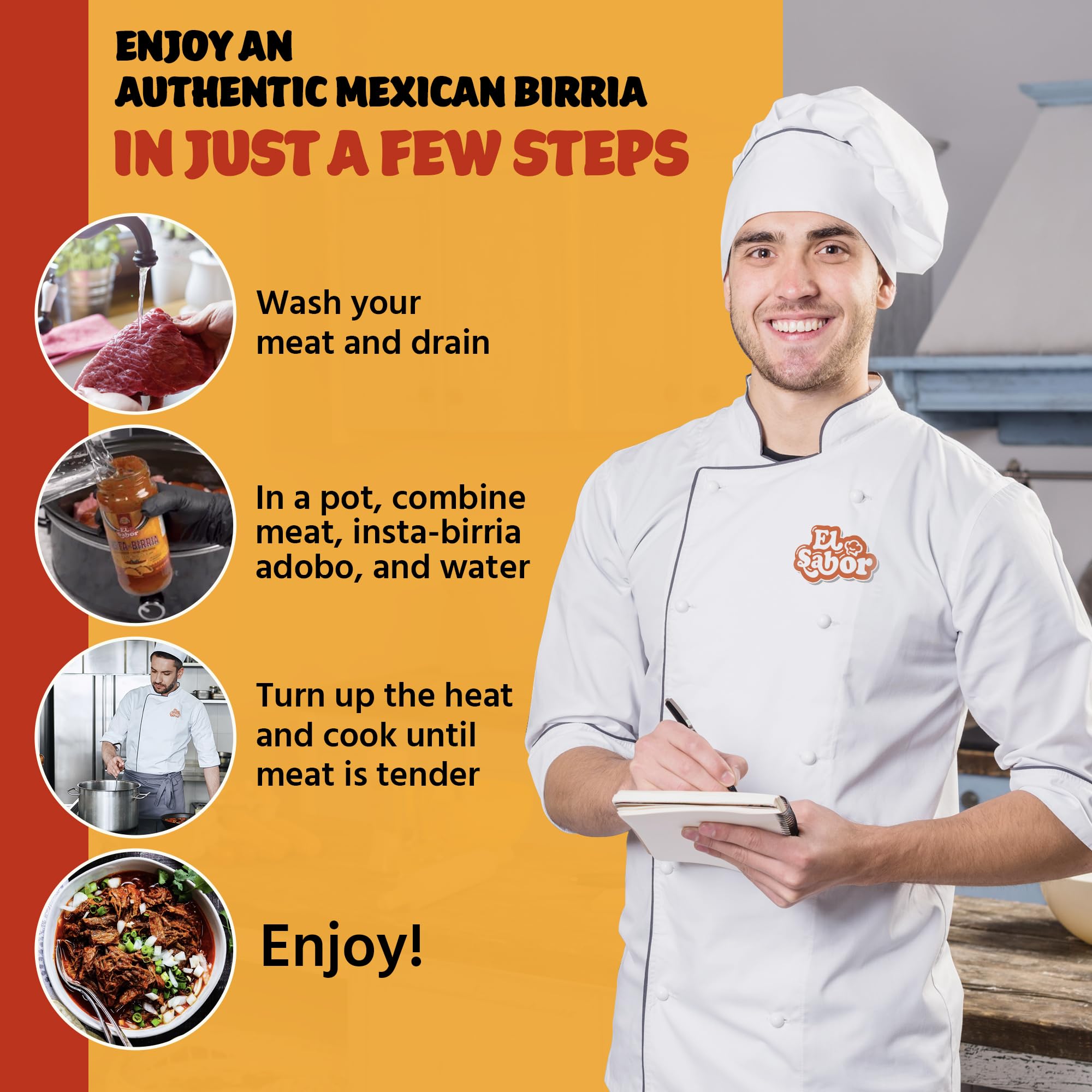 EL SABOR PRODUCTS jar label and instructions showing simple step-by-step cooking guide