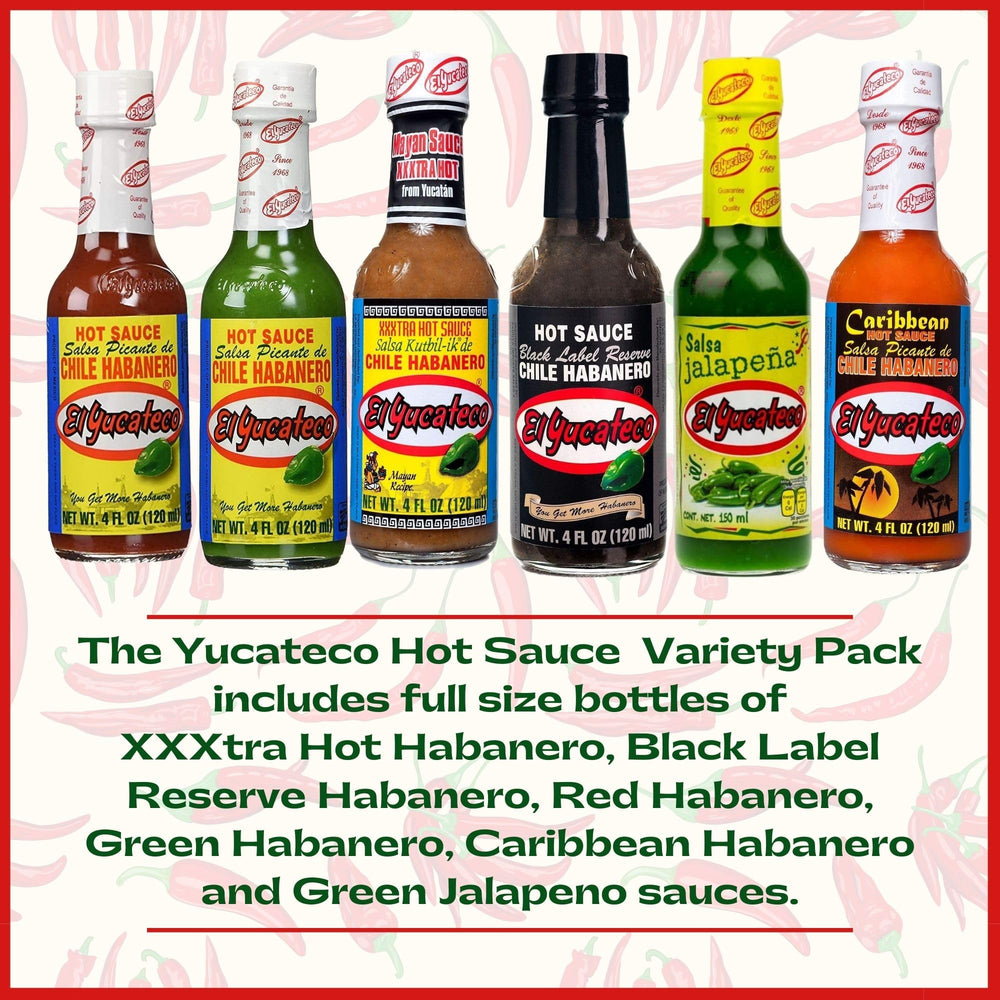 El Yucateco closeup of bottle labels highlighting flavors and quality