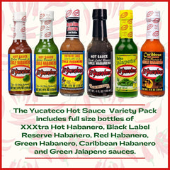 El Yucateco closeup of bottle labels highlighting flavors and quality